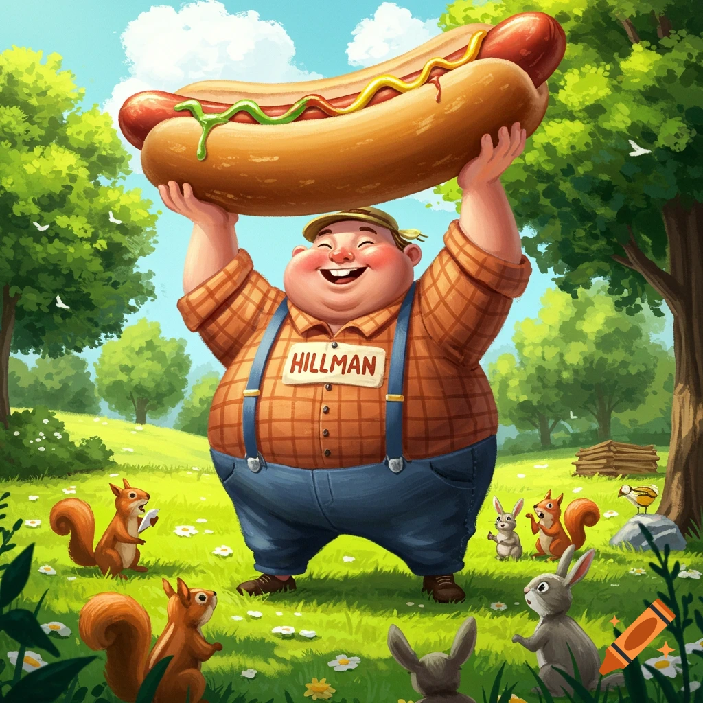 A cheerful cartoon man in overalls holds a giant hotdog over his head in a green field with cartoon animals.