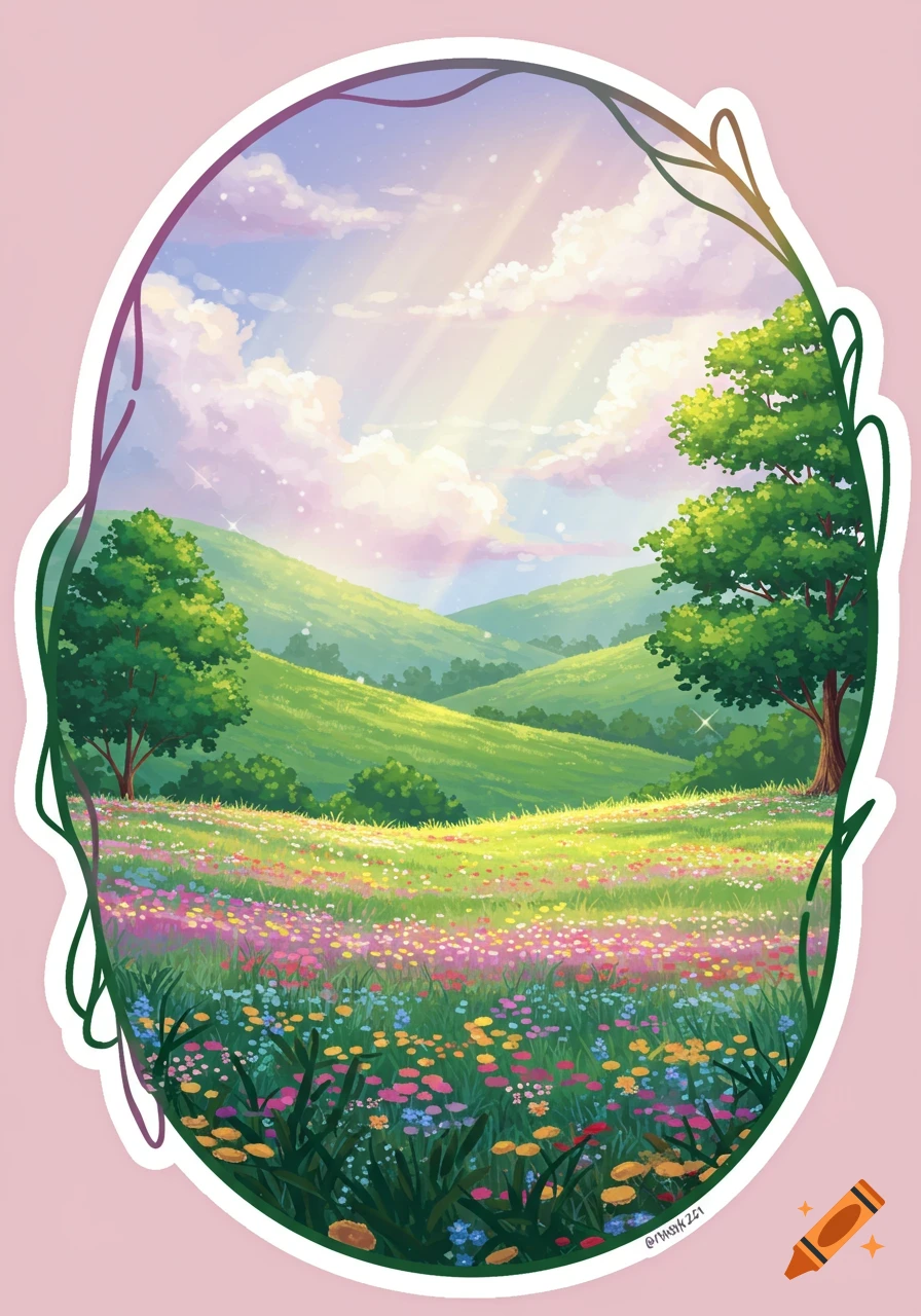 Dreamy pastel digital illustration of a fantasy landscape with green hills, colorful flower fields, trees, and soft rainbow sunlight, framed by a sticker border.