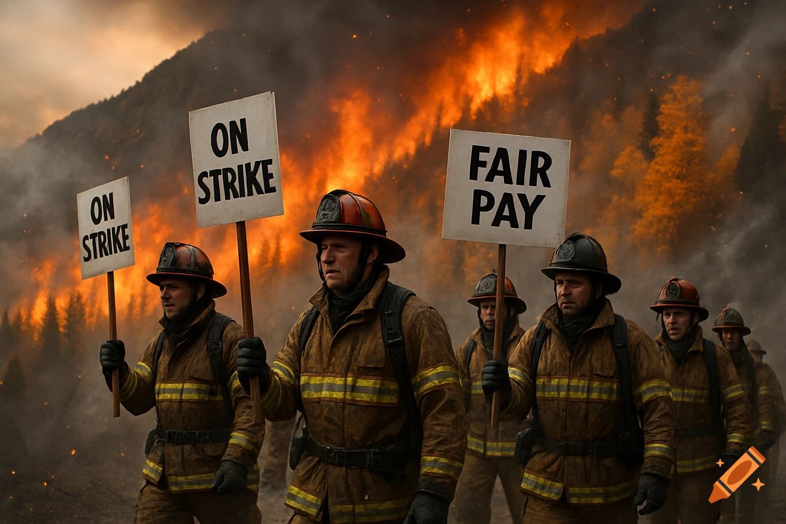 Firefighters in protective gear hold 'ON STRIKE' and 'FAIR PAY' signs in front of a raging forest fire, photorealistic.