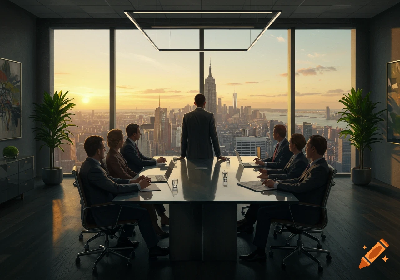 Photorealistic image of a CEO leading a board meeting in a skyscraper office overlooking a cityscape at sunset.