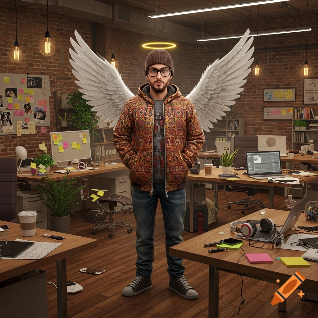A man with angel wings and a halo, dressed as a hipster in glasses and a beanie, stands in a modern, brick-walled office.