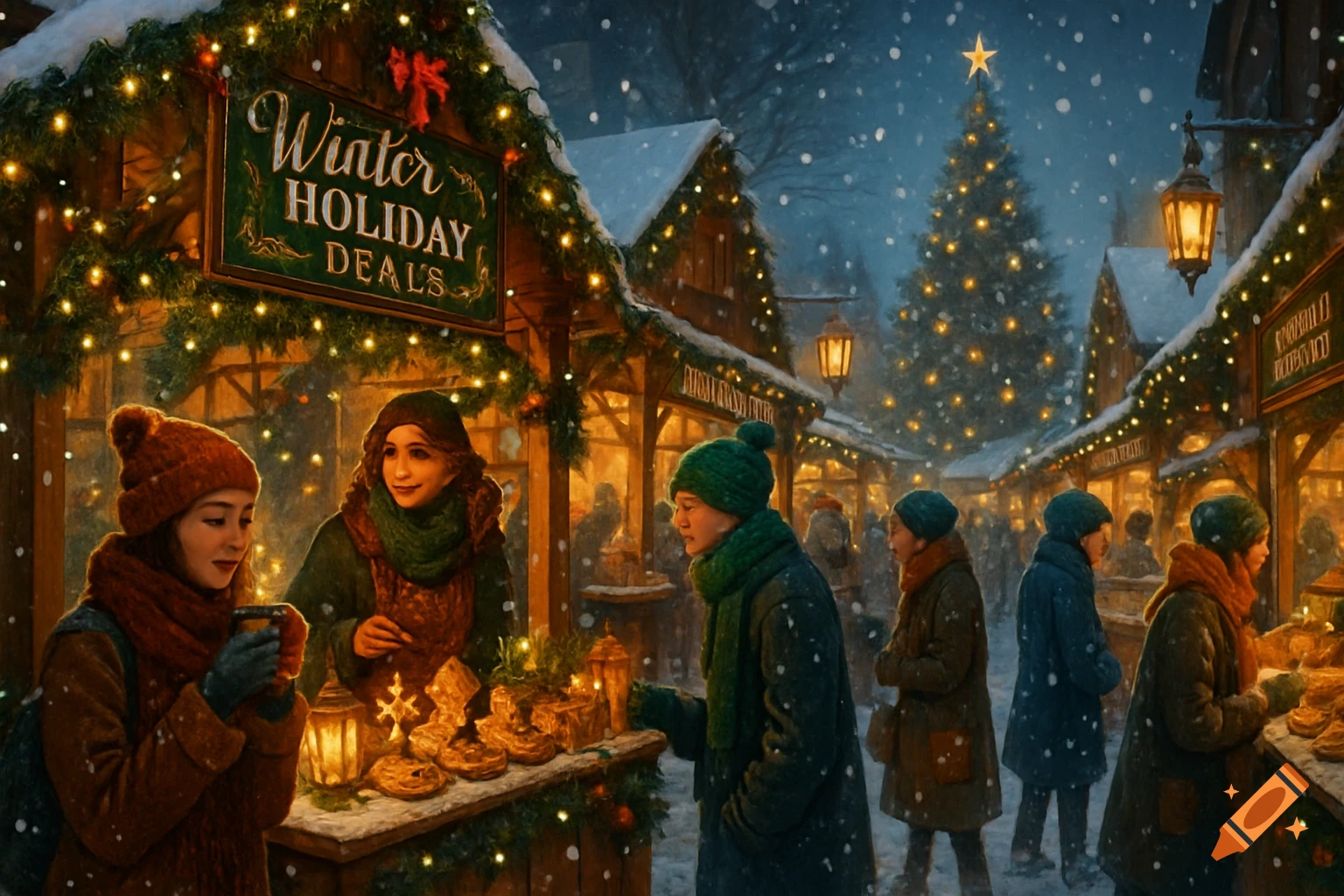 A snowy, bustling winter holiday market at night with festive lights, decorated stalls, people browsing, and a lit Christmas tree in the background.