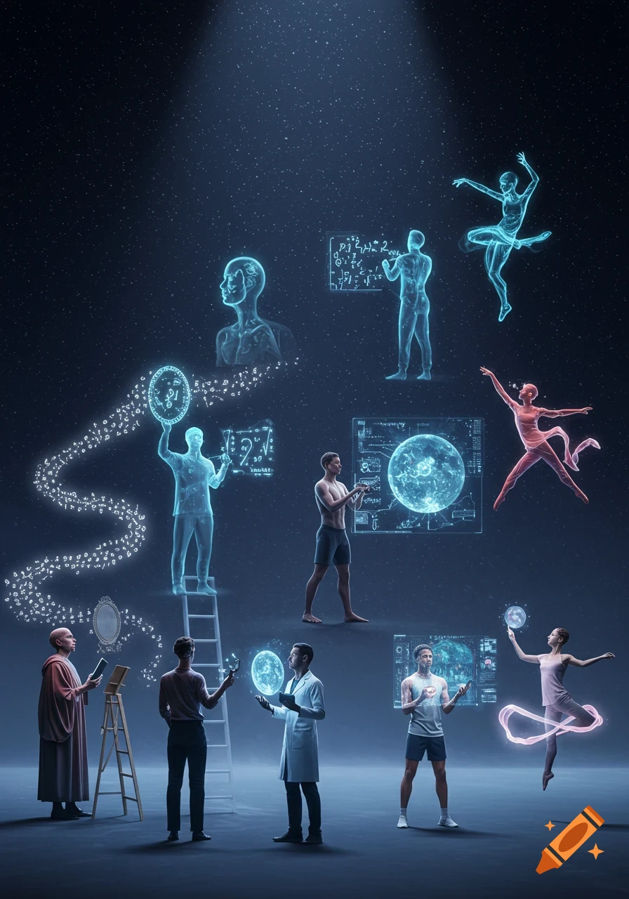 Human figures, some glowing and holographic, represent science, art, and spirituality with glowing data and celestial elements.