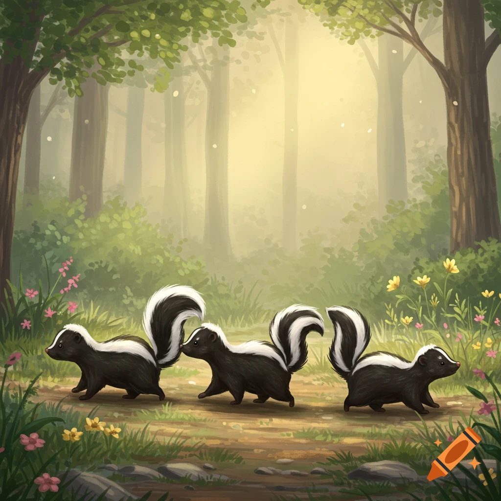 Three cartoonish skunks walk in a line on a sunlit forest path with colorful flowers.
