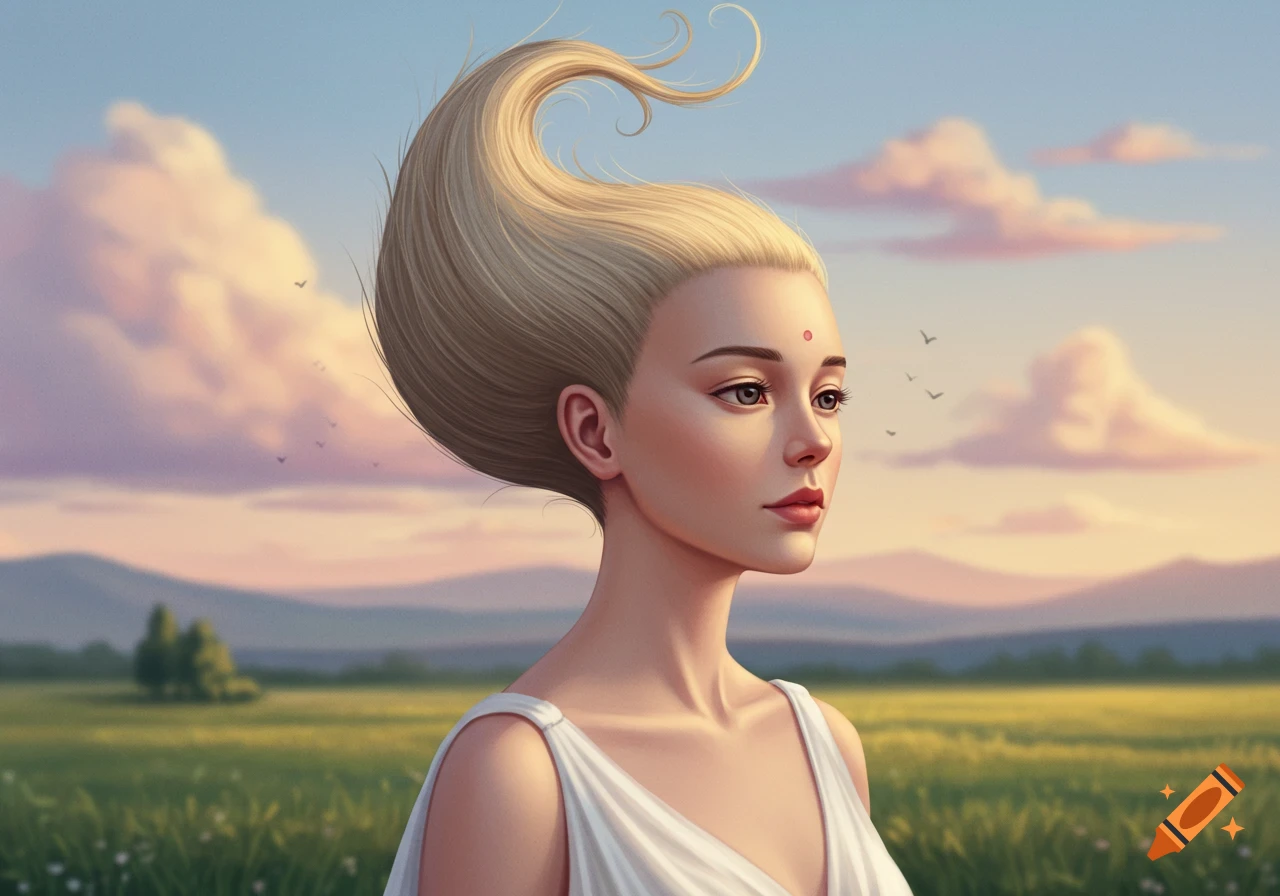 Stylized portrait of a woman with a single, large swirl of blonde hair, looking right in a pastoral landscape at sunset.