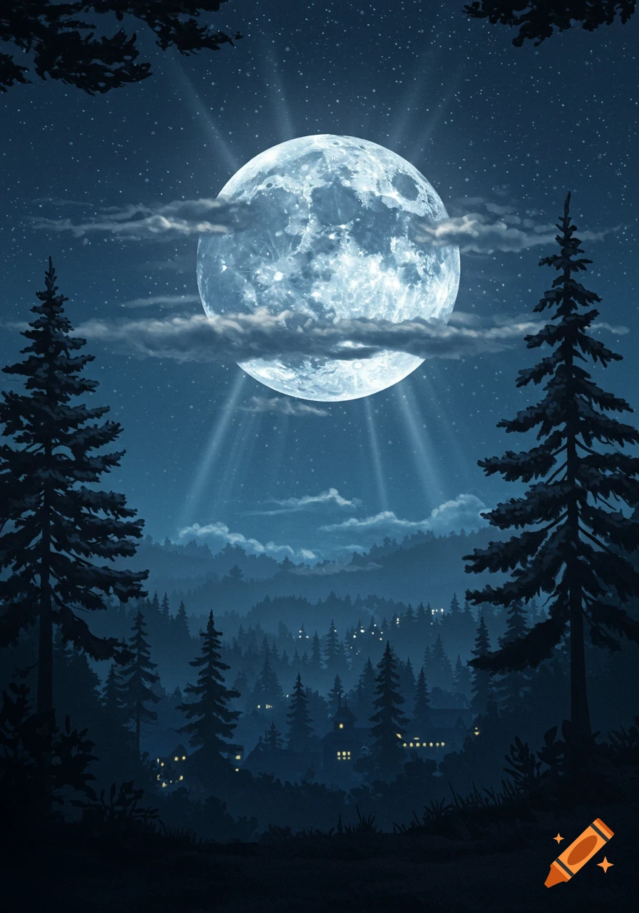 Illustrative night landscape with a bright full moon, starry sky, pine trees, and a distant forest valley with glowing house lights.