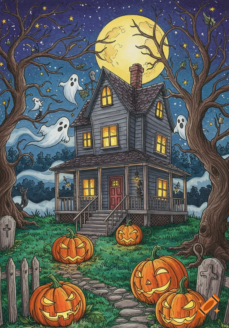 A spooky illustration of a haunted house under a full moon with flying ghosts, jack-o'-lanterns, and old trees.