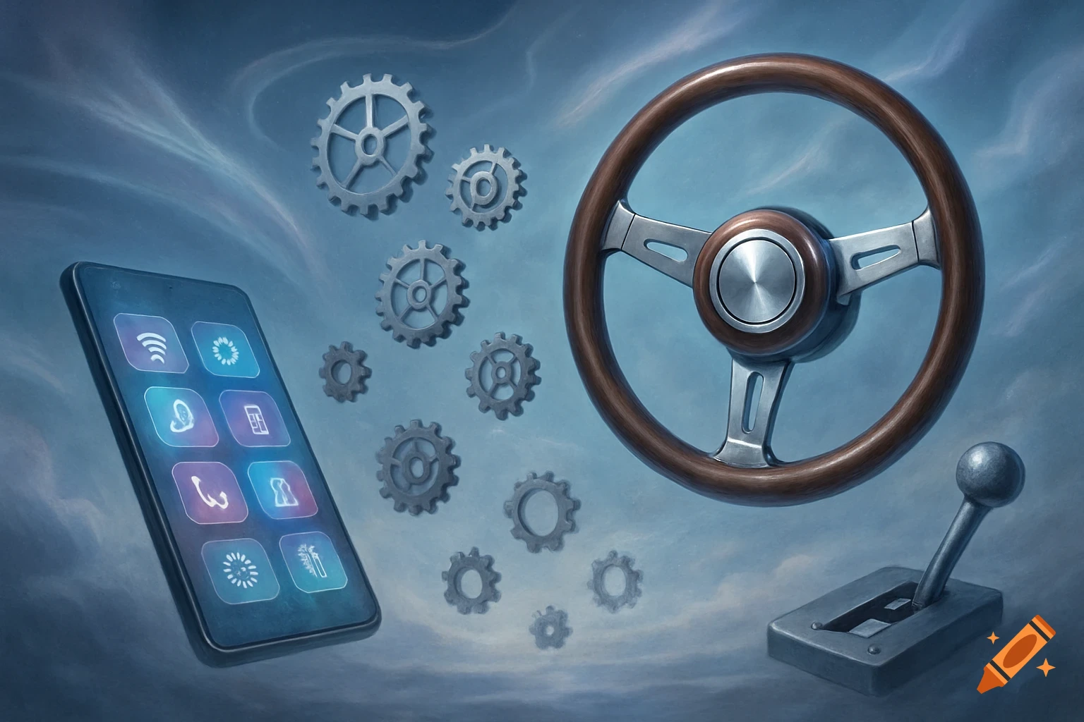 Illustrative image of a smartphone, gears, a steering wheel, and a gear shift floating on a cloudy blue background.