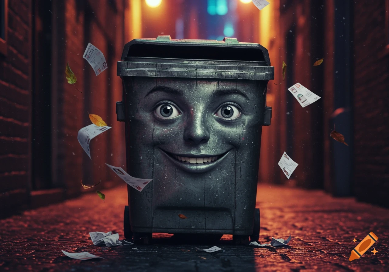 A smiling, anthropomorphic grey rubbish bin with wide eyes stands in a dark alley at night, surrounded by floating and scattered papers and leaves. The scene is lit by warm, blurry lights in the background.