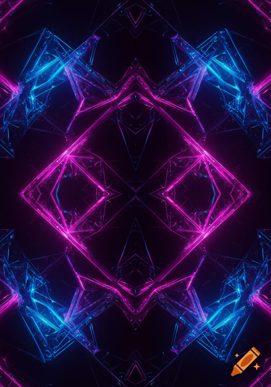 Symmetric abstract pattern of glowing neon blue and magenta geometric shapes with sharp lines on a dark background.
