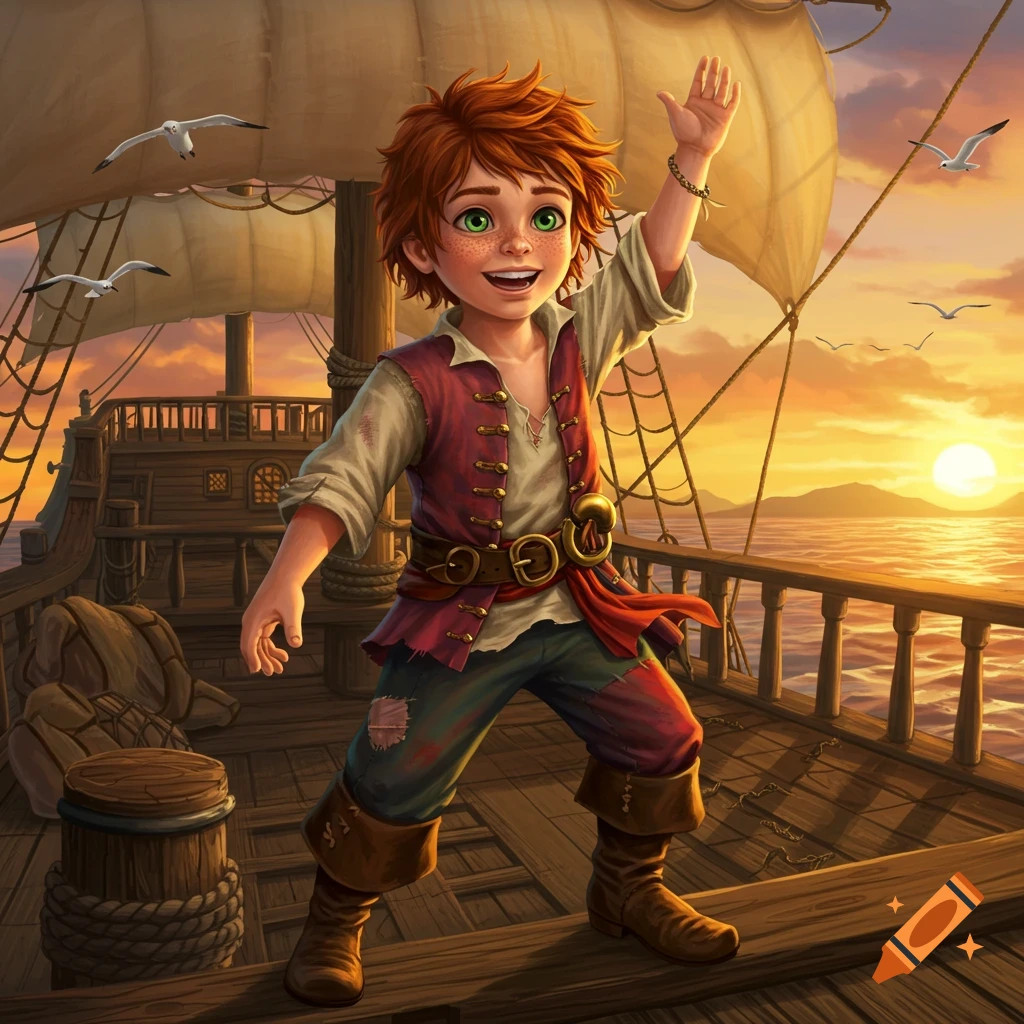 An illustration of a smiling ginger boy dressed as a pirate, waving from a ship at sunset.