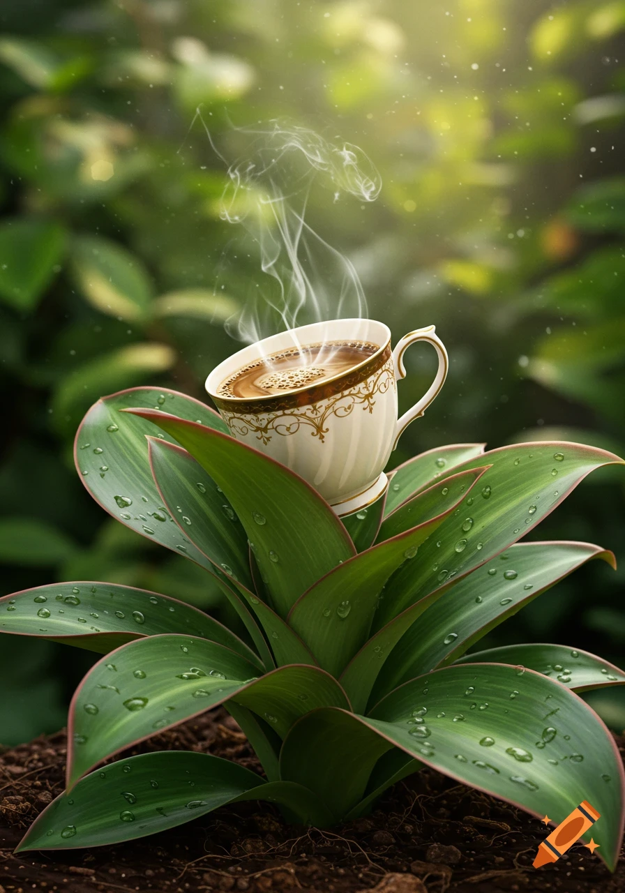 A steaming, ornate white coffee cup with gold trim sits on the center of a green plant with water droplets, against a lush blurred green background with sun rays.