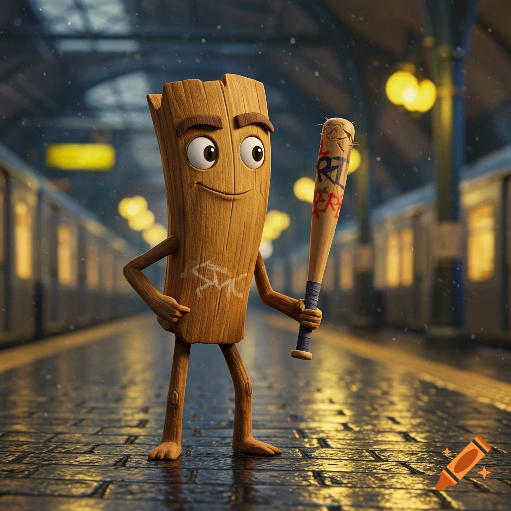 A smiling, anthropomorphic wooden stick figure with arms and legs, holding a baseball bat with nails, stands on a wet subway platform.