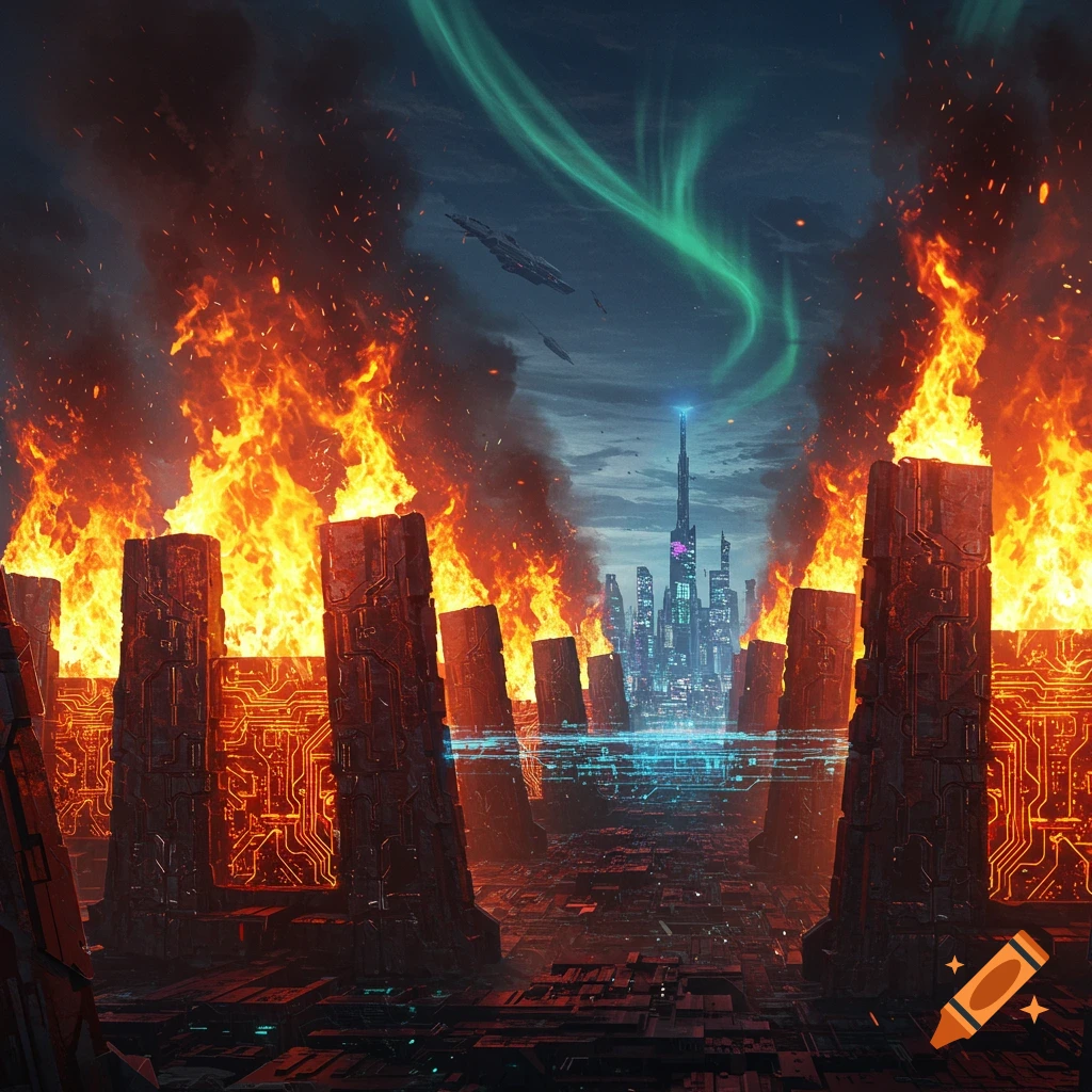 A futuristic city under a green aurora, surrounded by towering structures engulfed in flames, with spaceships flying above.