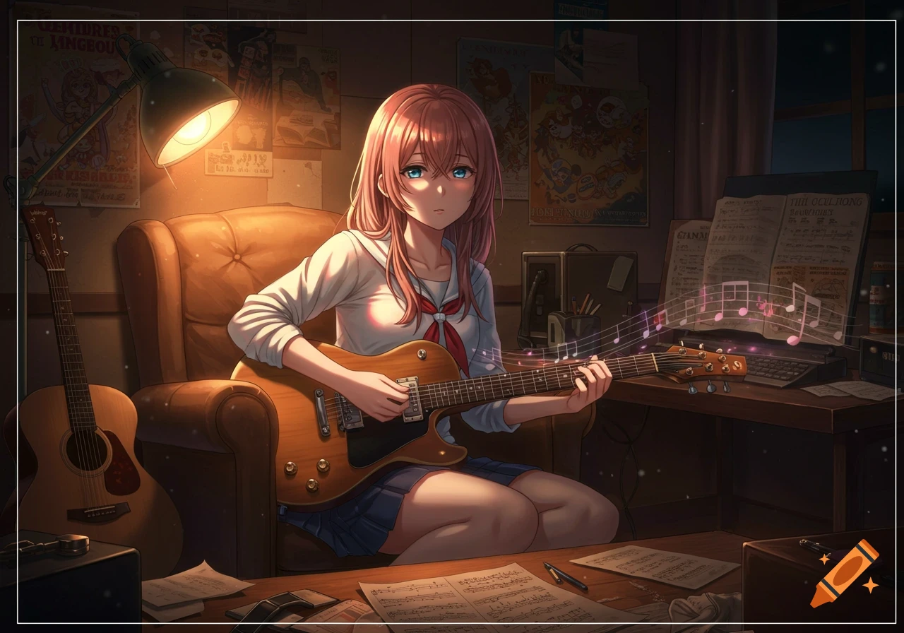 Anime girl with pink hair playing an electric guitar in a dimly lit room with posters and sheet music.