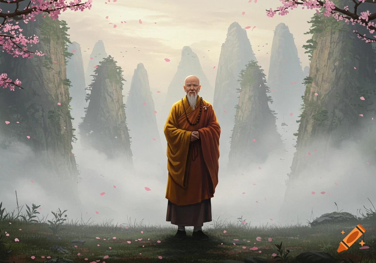 A serene old monk with a long white beard stands amidst misty, jagged mountains and falling pink cherry blossoms in a digital painting.