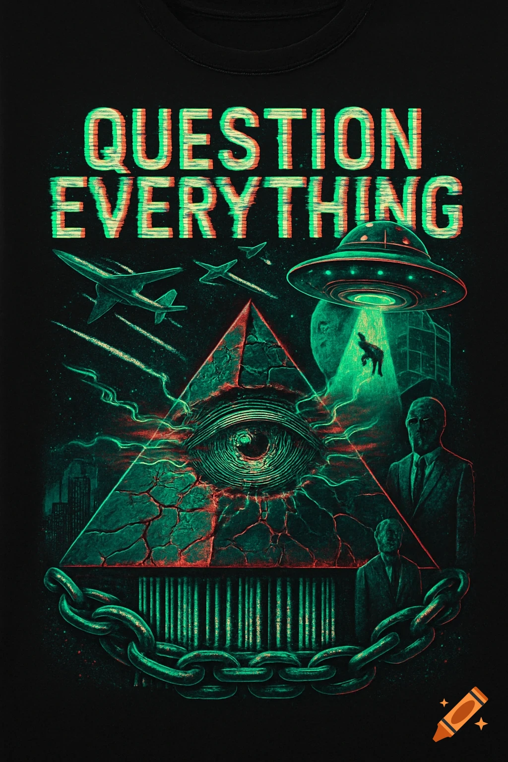 Neon glitch art T-shirt design: 'QUESTION EVERYTHING' above an all-seeing eye pyramid, UFO, chemtrails, and figures.