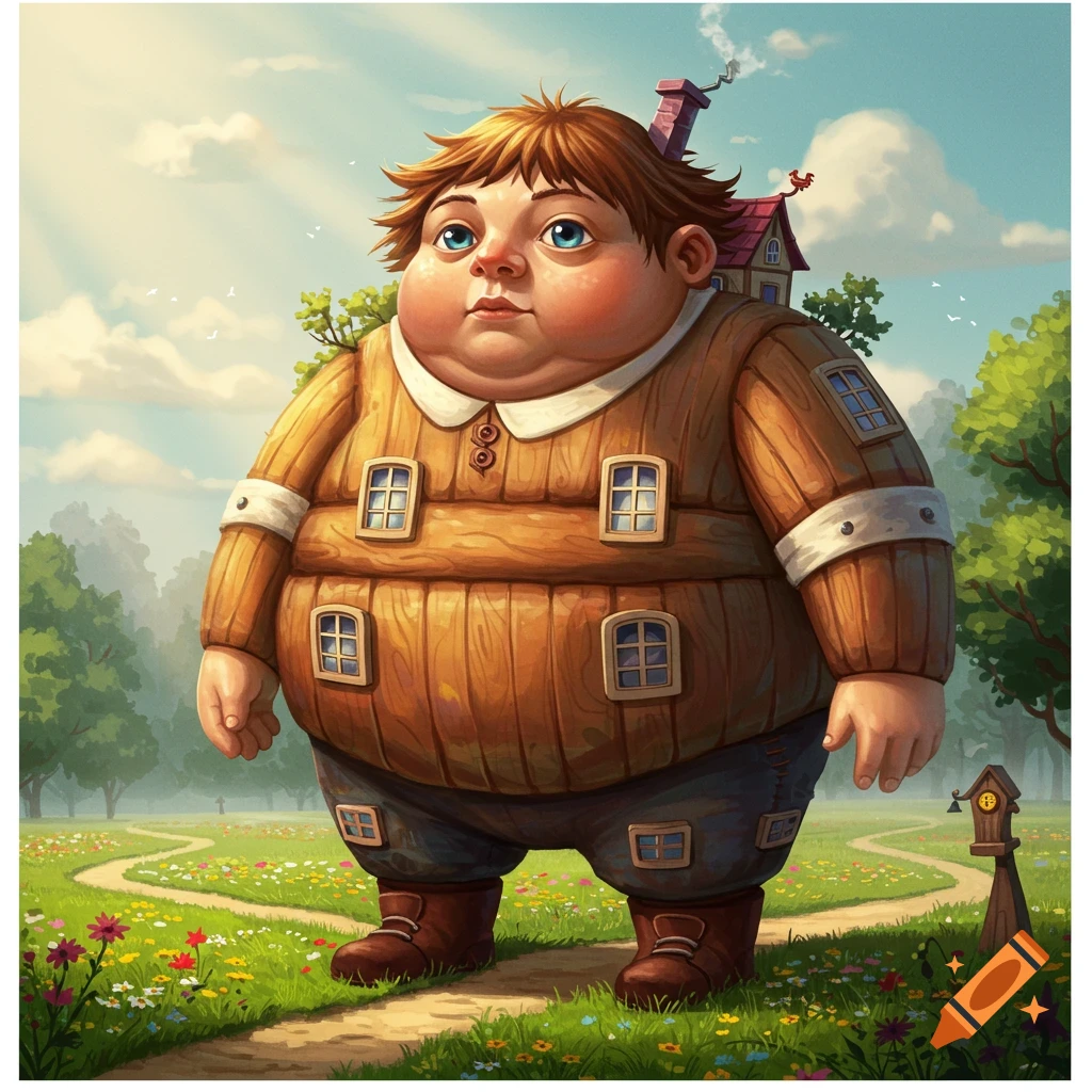 A plump, cartoon-style boy with a small house on his back stands on a winding path in a grassy meadow with wildflowers.