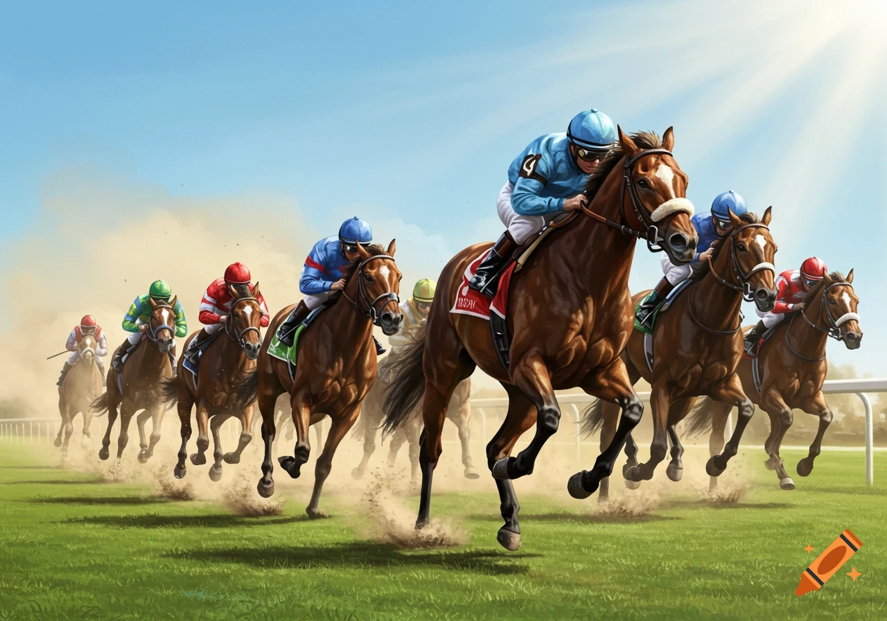 Several jockeys on brown racehorses thunder across a grassy track, kicking up dust under a bright blue sky, in a realistic digital painting.