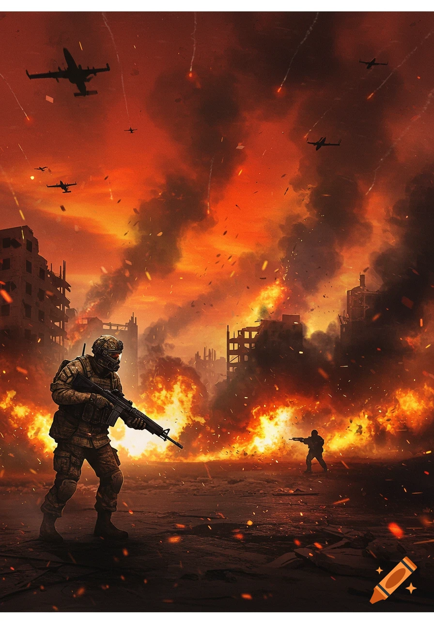 Illustration of soldiers fighting in a burning, destroyed city with warplanes in a fiery sky.