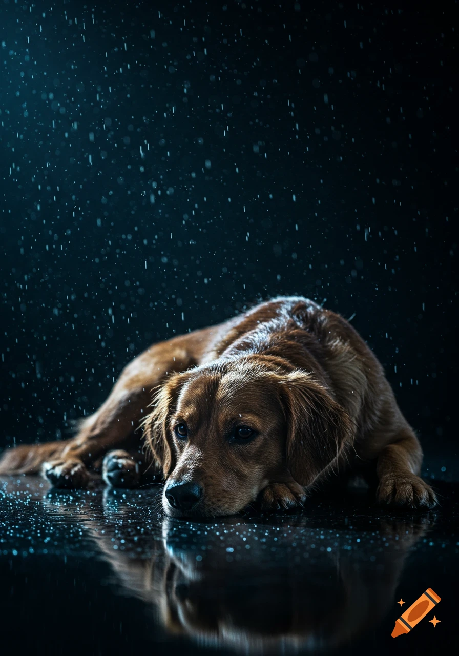 A photorealistic close-up of a brown dog lying on a wet, reflective surface with raindrops falling around it, on a dark background.
