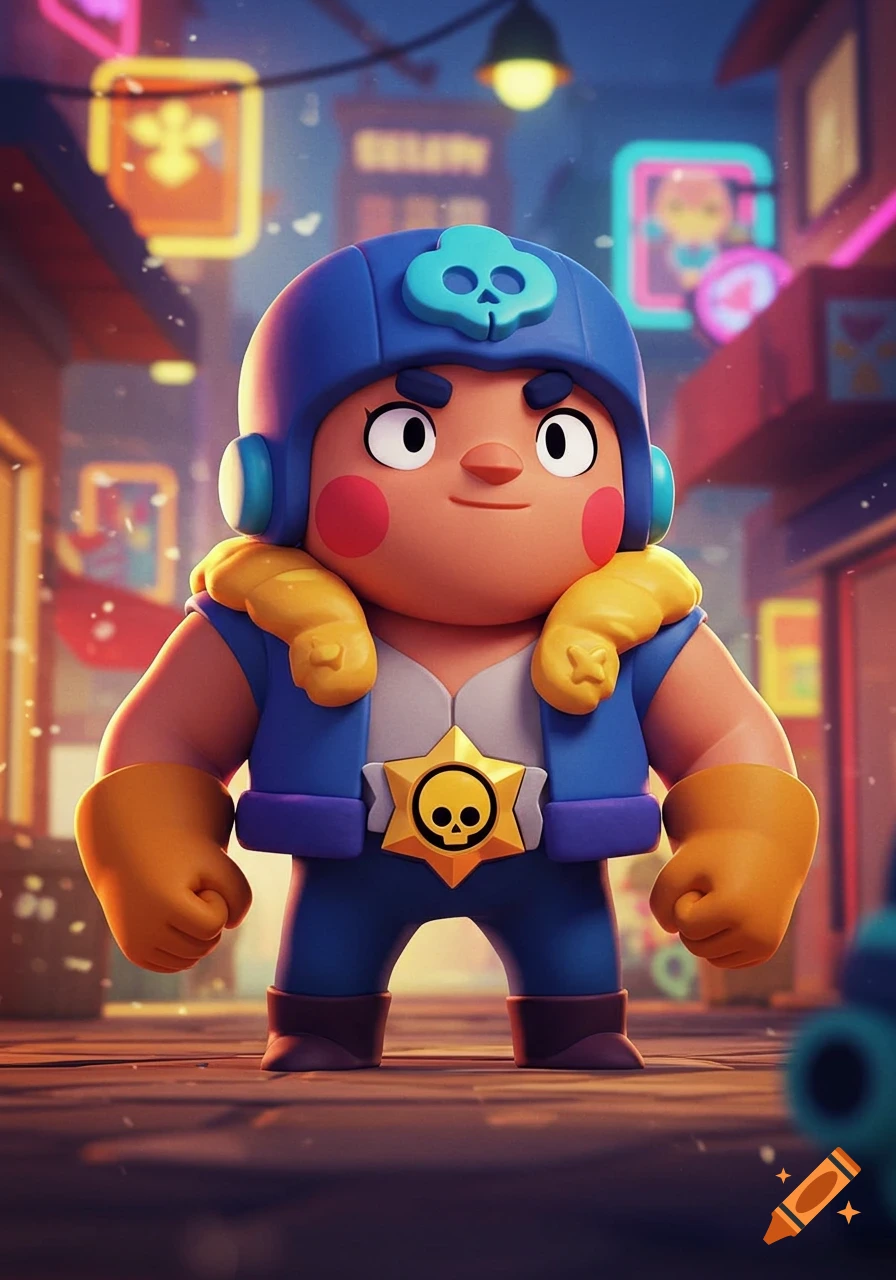A stylized 3D rendered character, resembling a brawler from Brawl Stars, stands in a vibrant city street at night. The character wears a blue helmet with a skull, a blue vest, and yellow gloves.