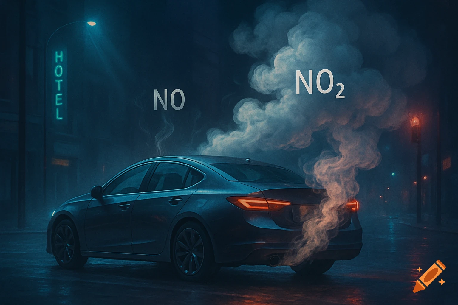 Dark blue car emitting smoke with 'NO' and 'NO₂' on a wet city street at night under a neon 'HOTEL' sign.