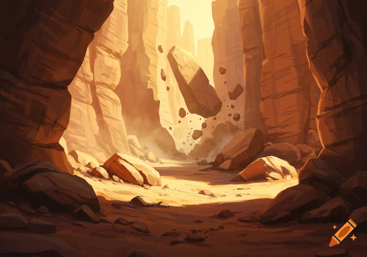 A stylized digital painting of a canyon with a rockslide occurring, showing large boulders falling amidst dust.