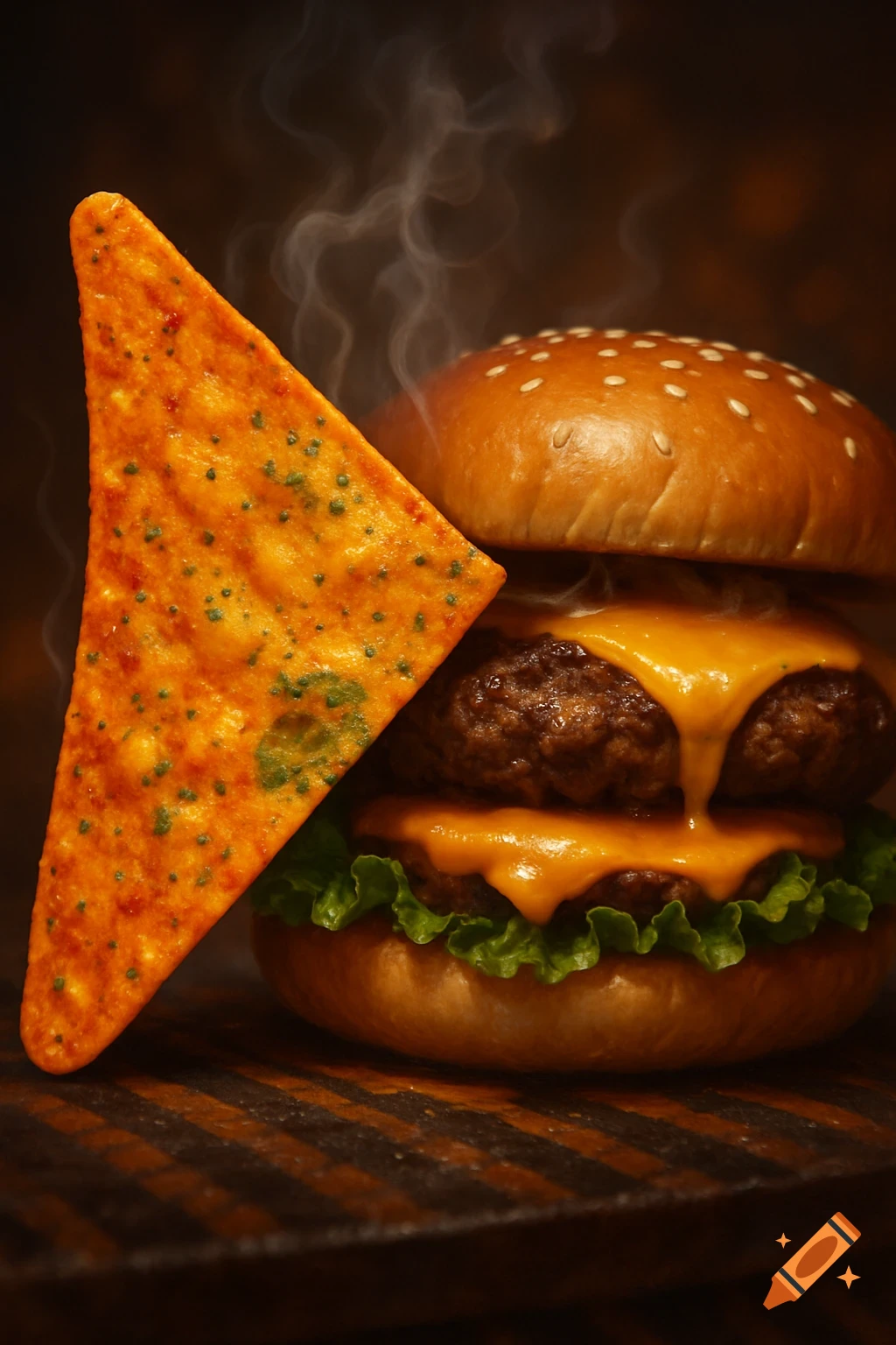 Close-up of a steaming double cheeseburger with melted cheese and lettuce next to a large Dorito chip, photorealistic style.