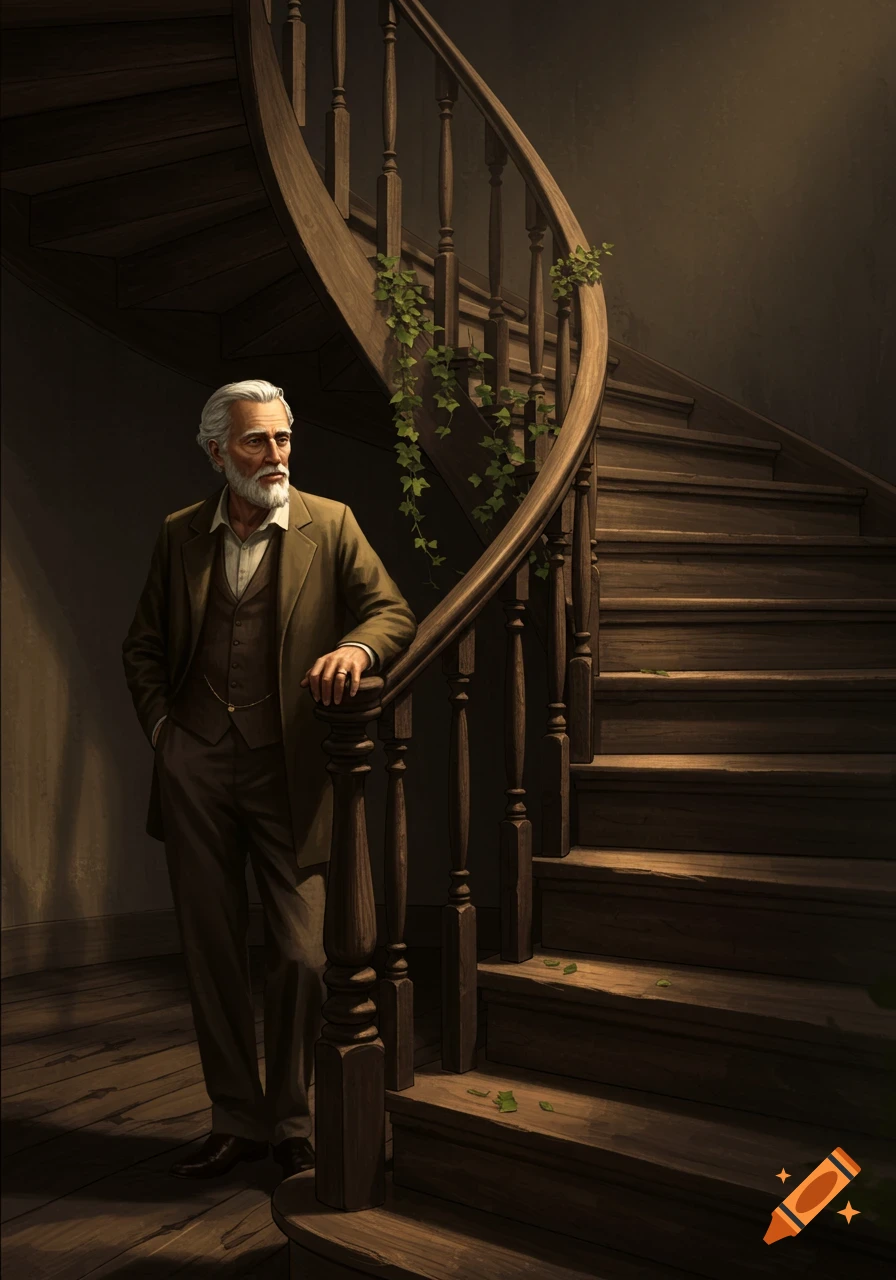 An elderly man with a white beard and brown suit leans on a dark wooden spiral staircase adorned with ivy in a dimly lit house.