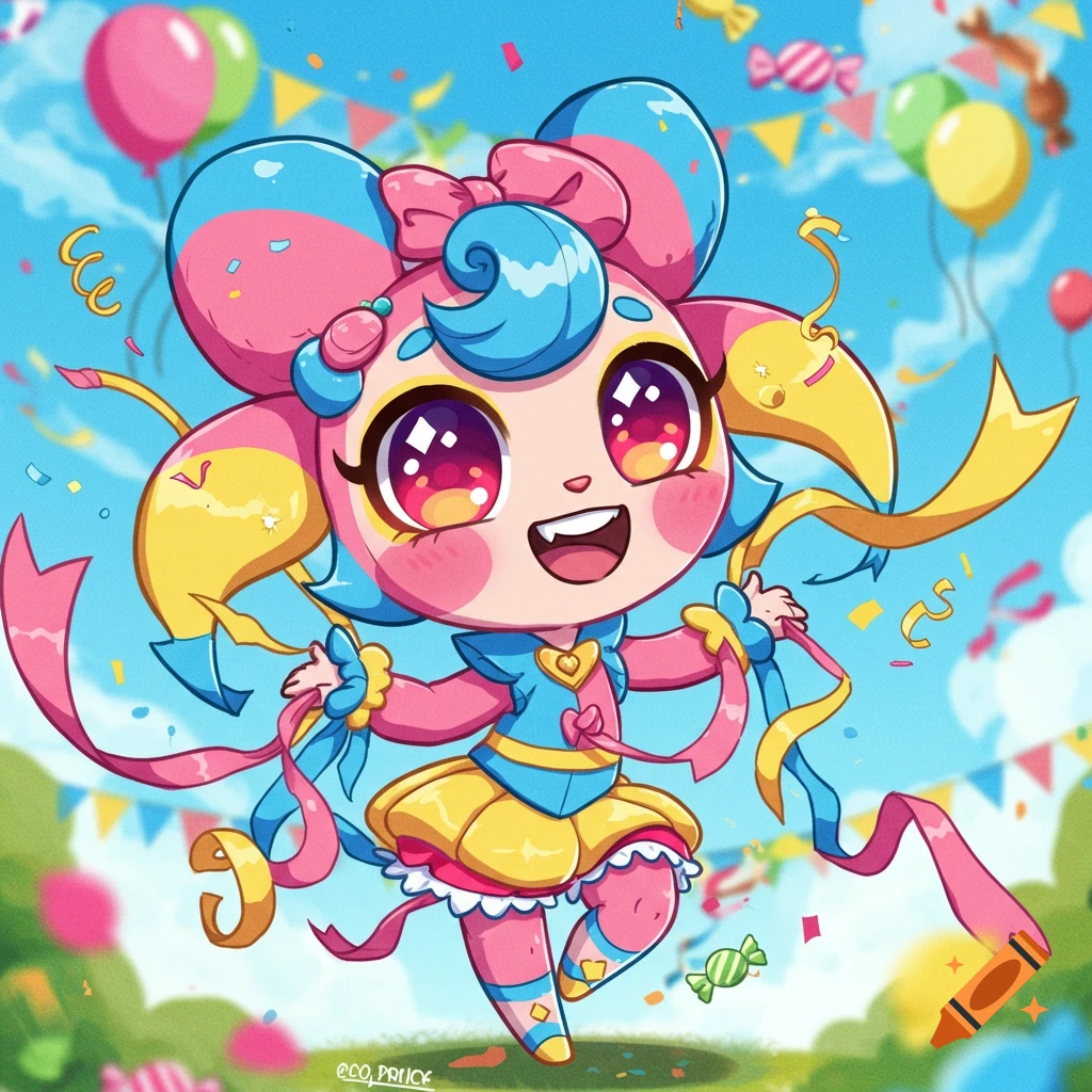 Cute chibi character in pink, blue, yellow, smiling amidst confetti and ribbons in a festive outdoor scene.