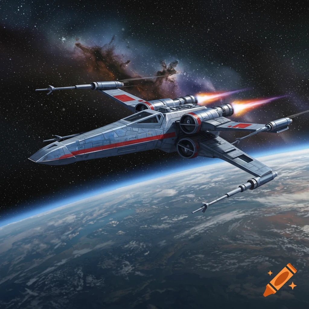 An X-wing spaceship with a unique paint scheme flies above a planet in space, with a nebula in the background.