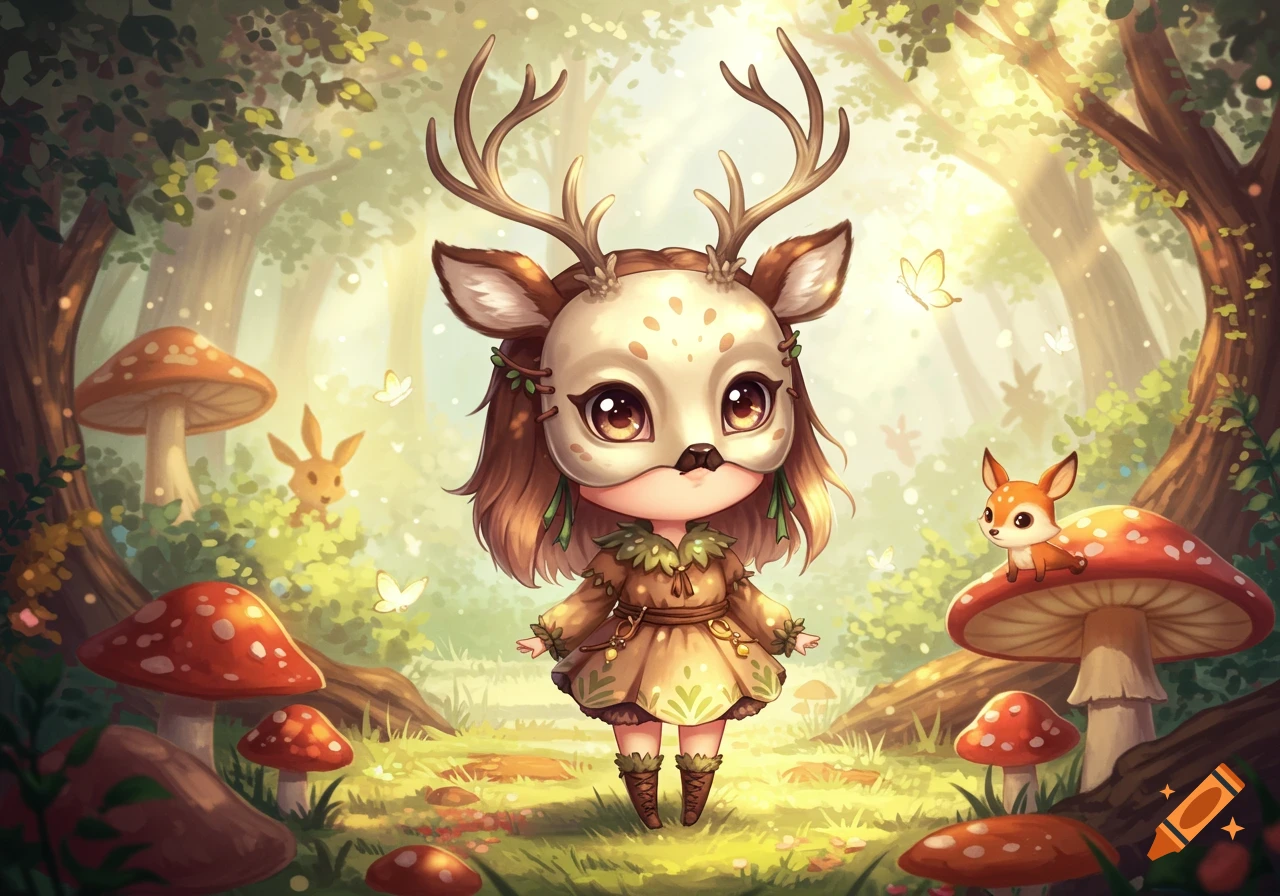A cute chibi girl in a deer mask stands in a sunlit fantasy forest with mushrooms and small animals, in an anime style.