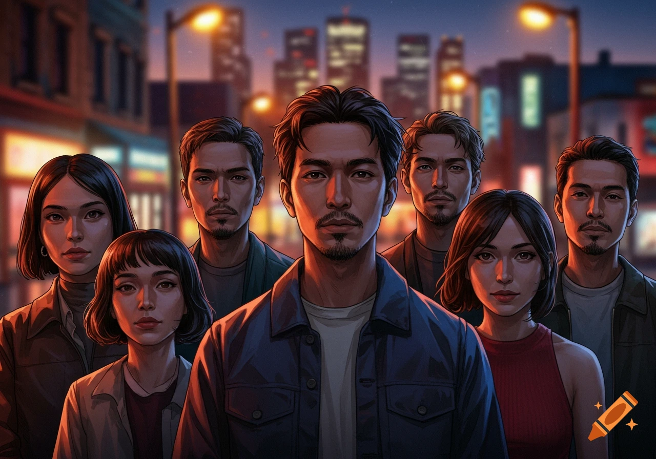 Illustrative portrait of seven young Asian people standing closely in an urban setting at dusk, city lights in background.