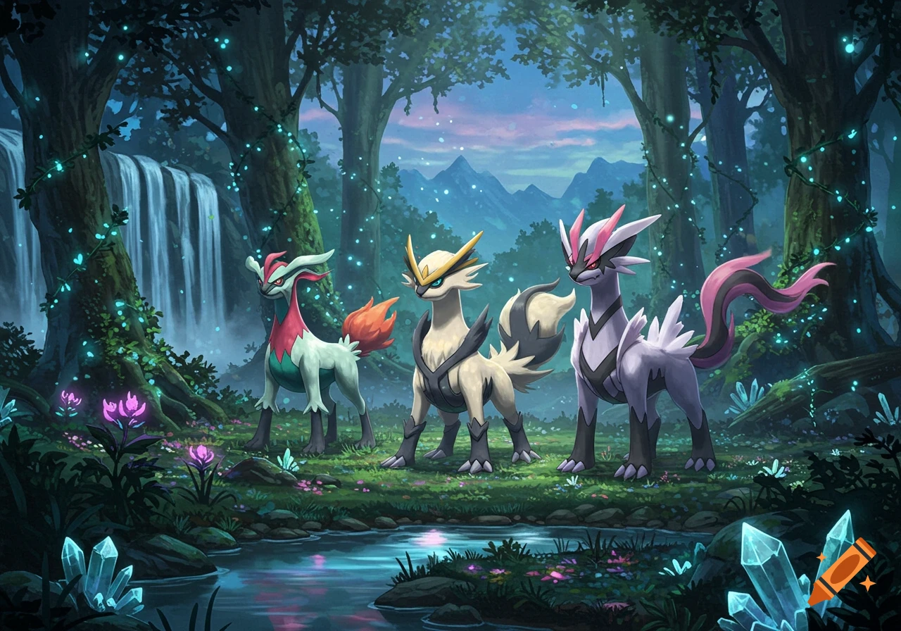Three stylized mythical creatures, resembling Pok 00e9mon, stand in a magical forest with glowing plants, a waterfall, and a stream.