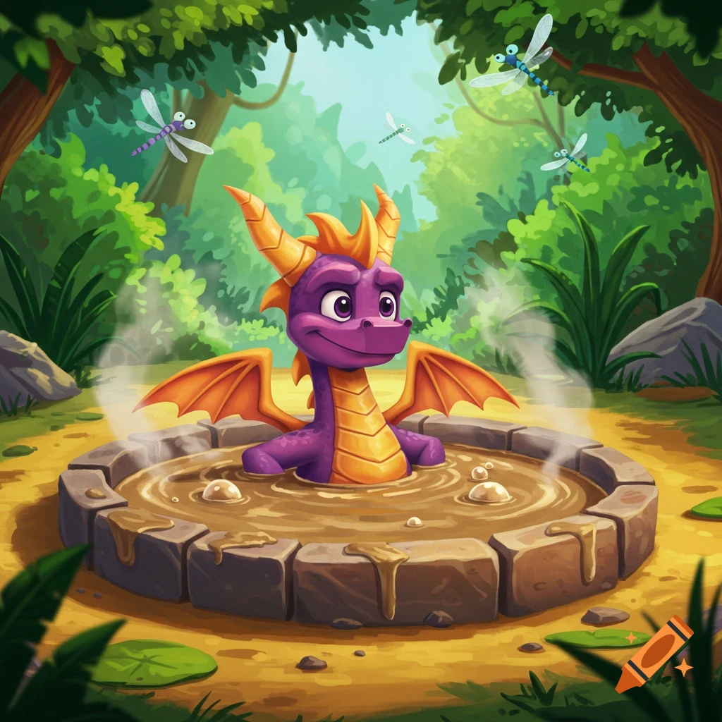Cartoon Spyro the purple dragon relaxing happily in a mud hot tub in a green jungle, with dragonflies.