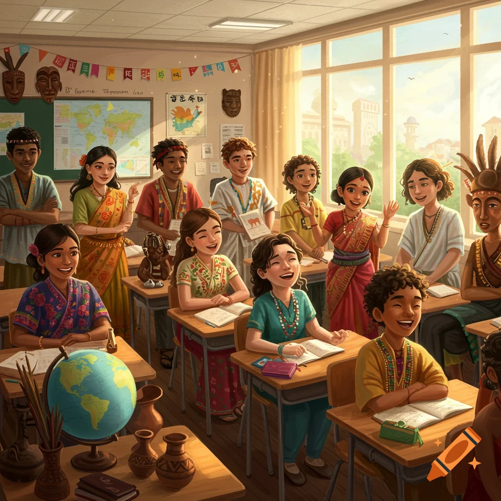 Diverse students in a sunlit classroom, laughing and sharing, with a globe and maps. Illustrated style.
