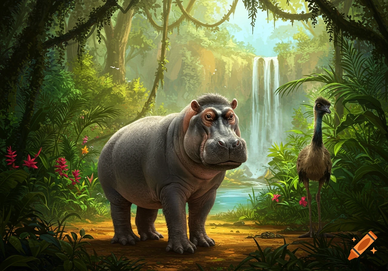 A stylized hippo with subtle monkey-like features and an emu stand in a lush jungle with a waterfall in the background.