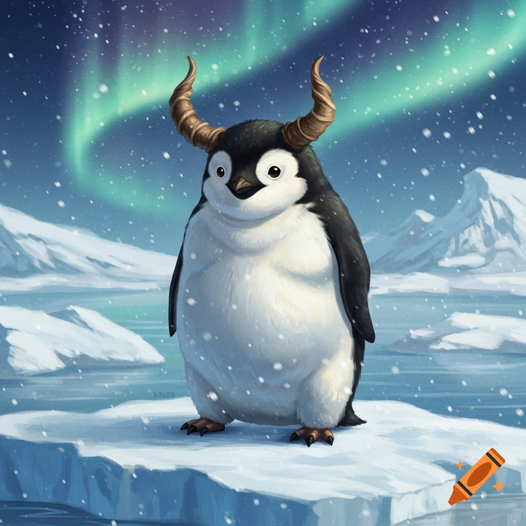 Cartoon obese penguin with horns on an ice floe in a snowy arctic landscape under the aurora borealis.