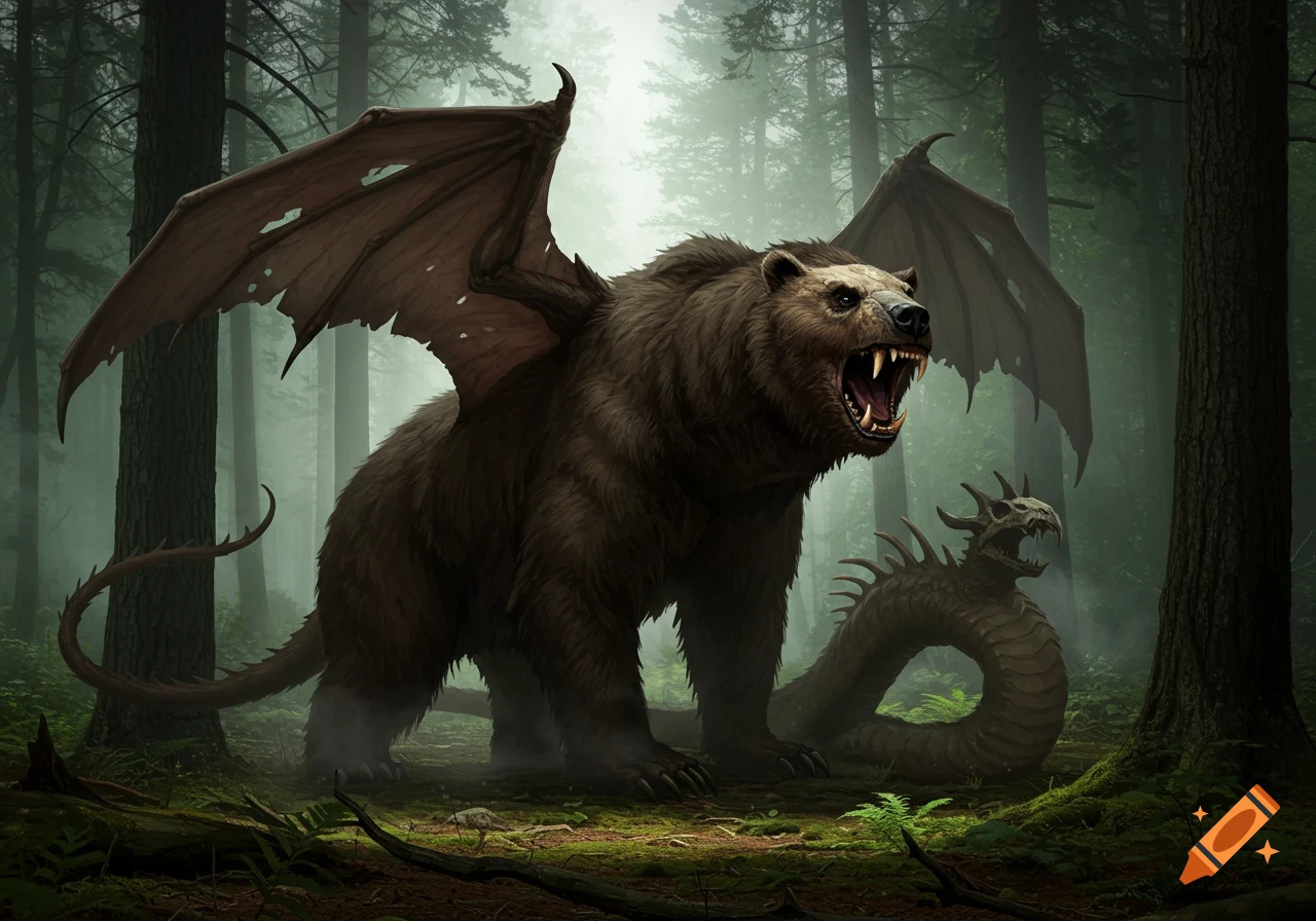 A gargantuan dire bear with tattered bat-like wings and a spiked serpentine tail roars in a misty forest.