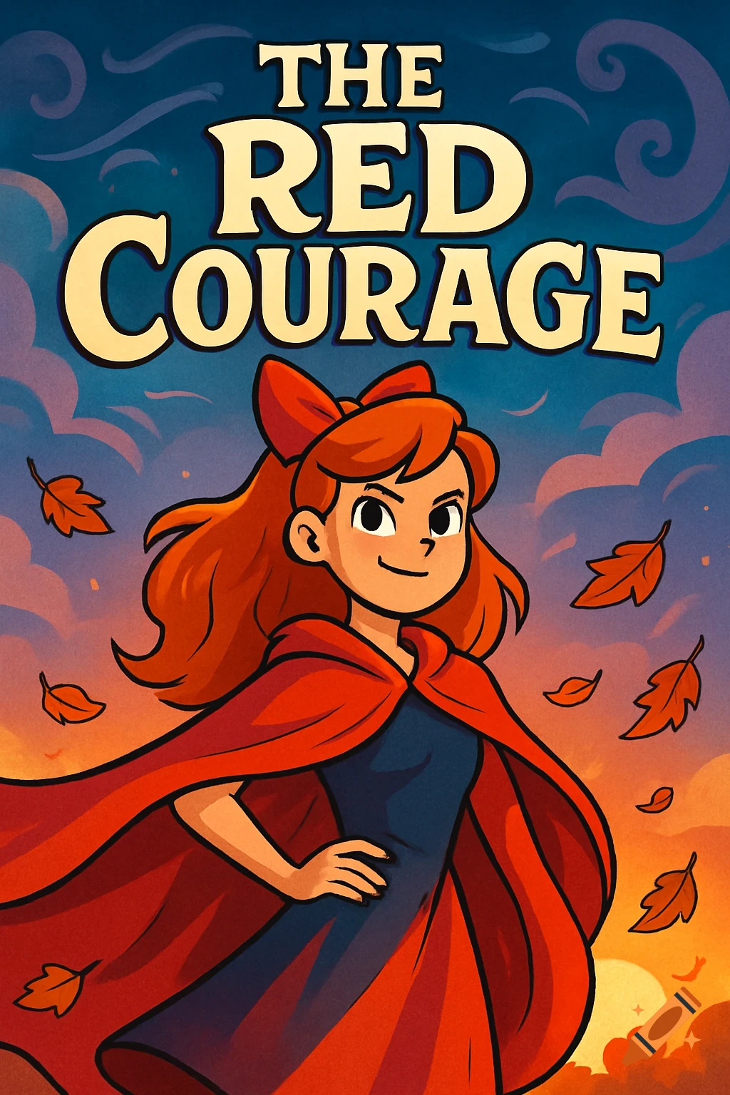 A cartoon poster featuring a red-haired girl in a red cloak and bow, titled 'THE RED COURAGE,' against a sunset sky with falling leaves.