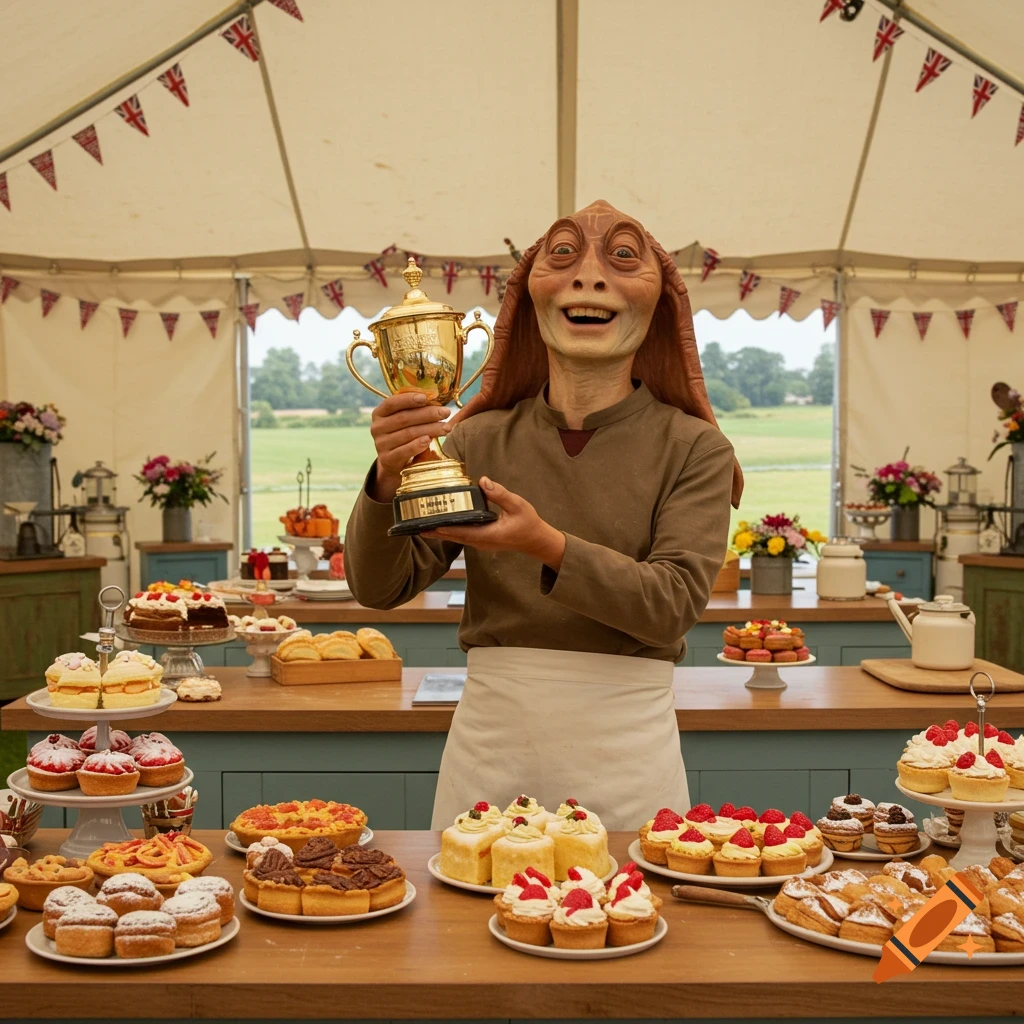 Jar Jar Binks in a baker's apron holds a golden trophy, standing among many baked goods under a tent.