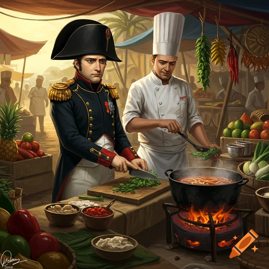 Napoleon in military uniform chops vegetables as a chef cooks in a vibrant outdoor market with produce, in a realistic painting.