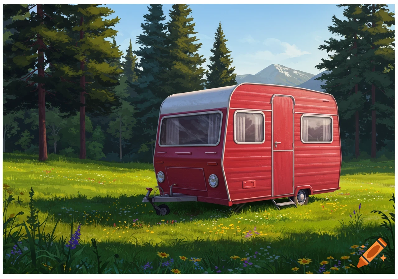 A red camper trailer sits in a sunny green field with wildflowers, surrounded by tall pine trees and a distant snow-capped mountain.