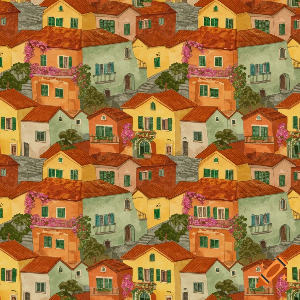 Seamless watercolor pattern of dense, colorful cartoon houses in an Italian village style with red roofs and green shutters.