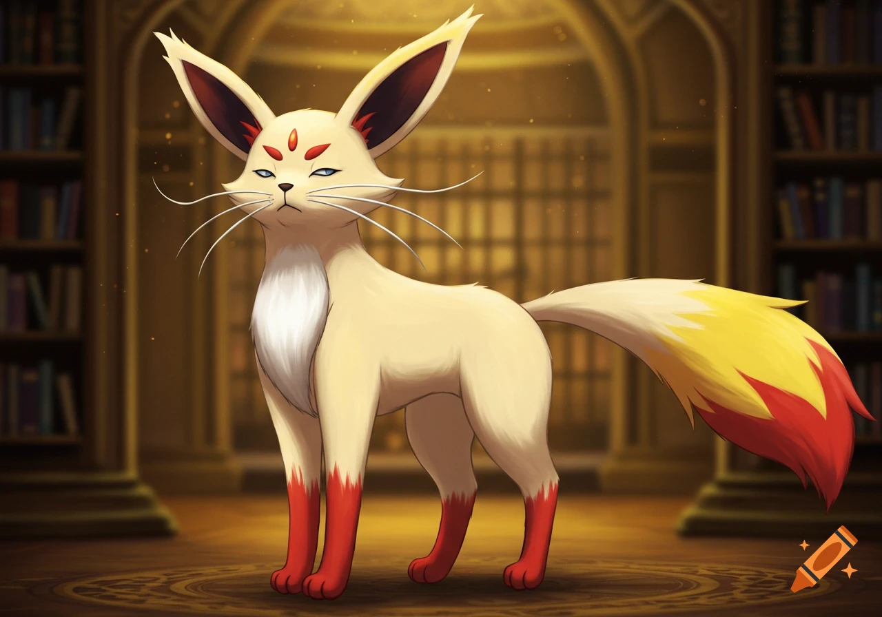 A cream-colored, cat-like Pokémon with red markings and a fluffy yellow and red tail stands in an old library with golden light, looking wise.