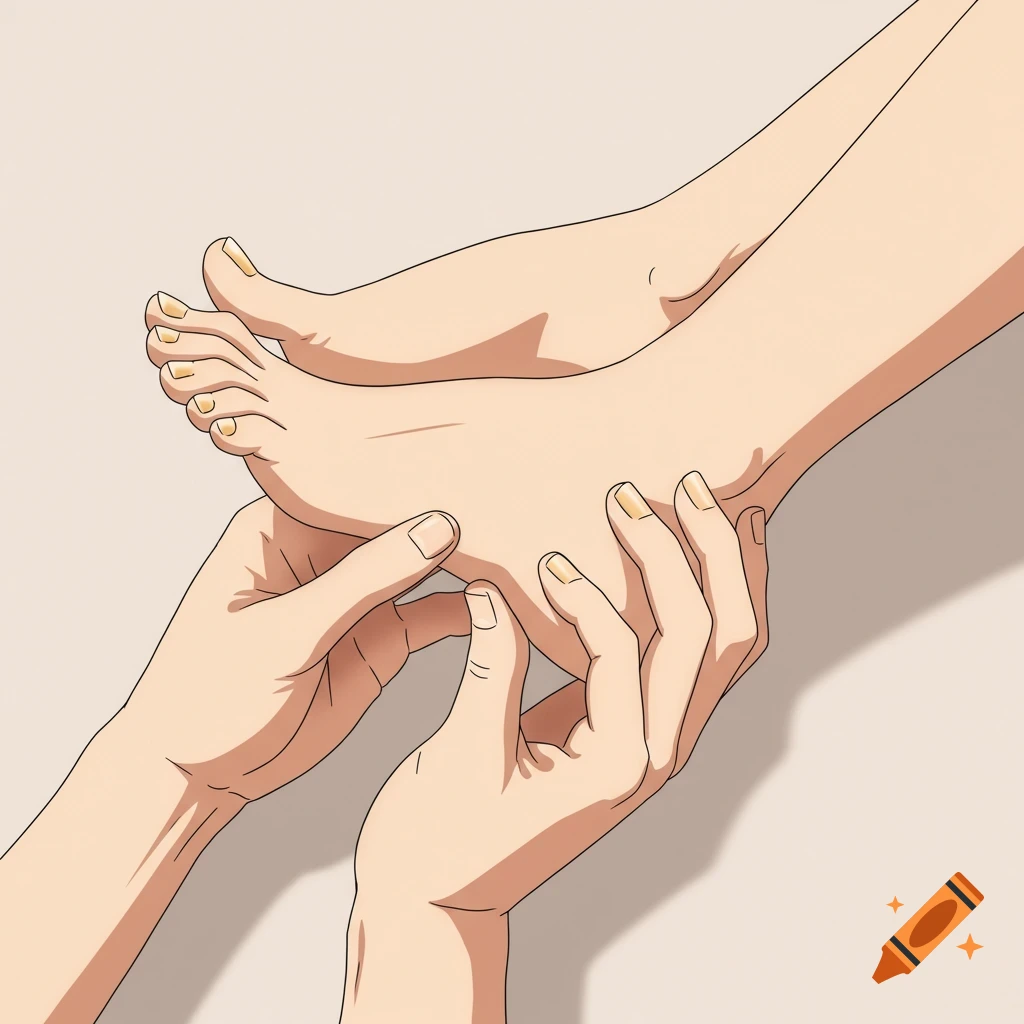 Two hands gently hold a foot with golden painted toenails in an anime style.