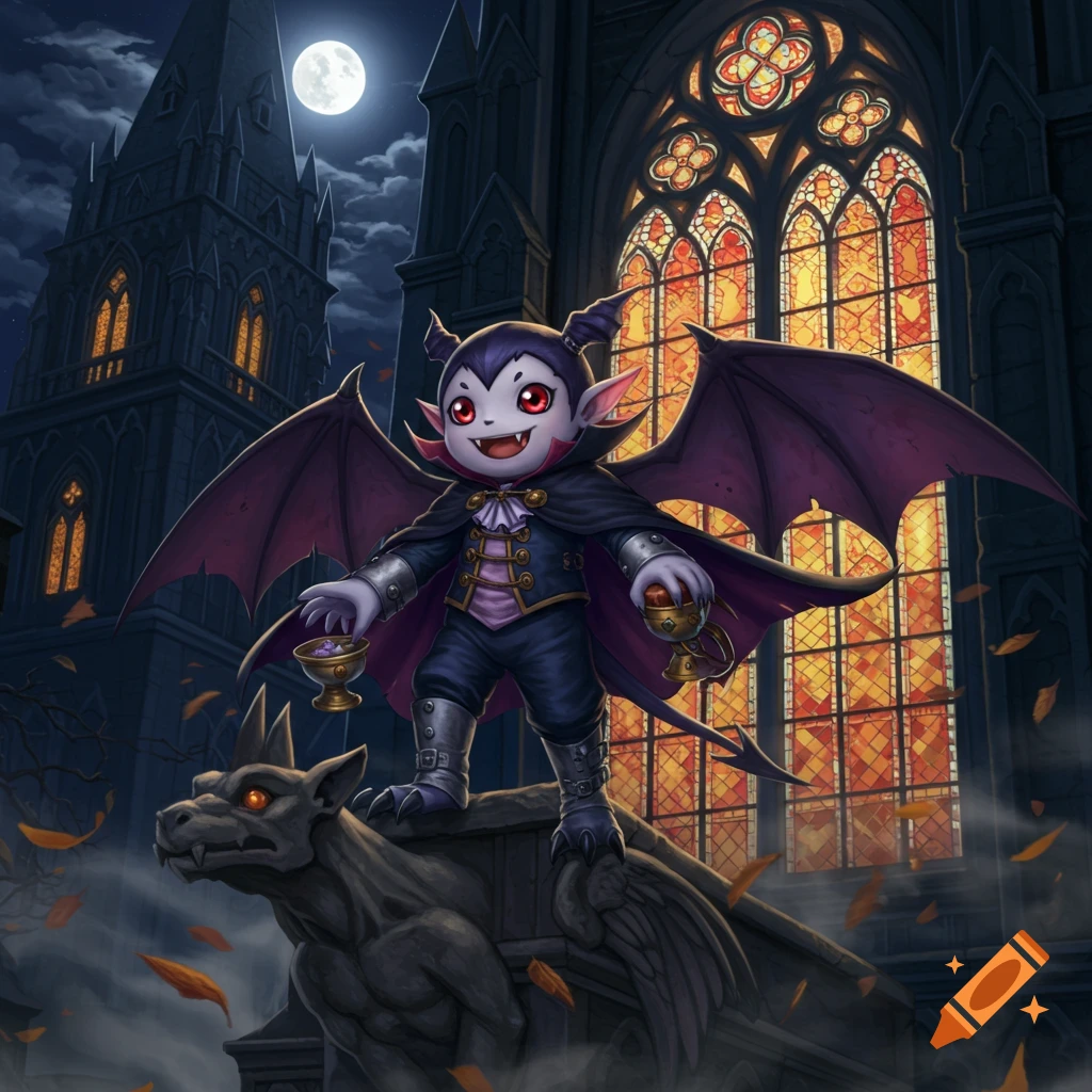 A cute child vampire with bat wings stands on a gothic gargoyle outside a cathedral at night, holding two goblets.