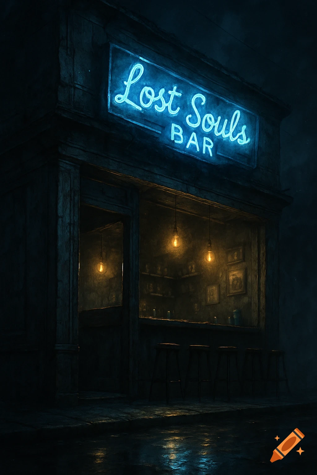 A dark, moody image of an old bar with a glowing blue neon sign that reads 'Lost Souls Bar' on a rainy night.