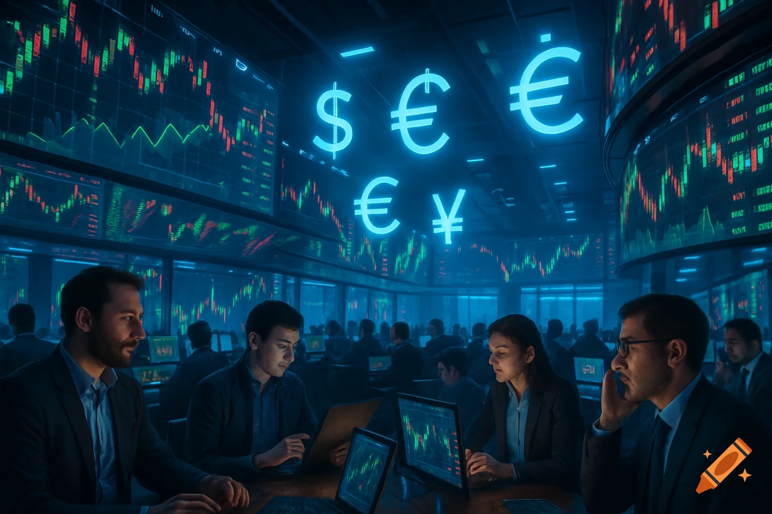 Traders work in a futuristic financial office with glowing currency symbols and stock charts on large screens.